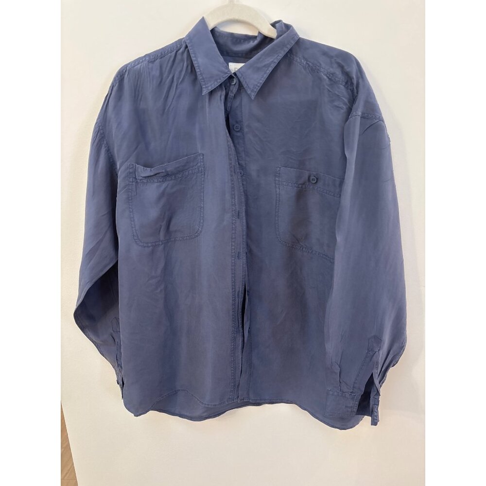 Bogari 100% Silk Button-Up Shirt With Dual Chest Pockets Navy Blue Long Sleeve W